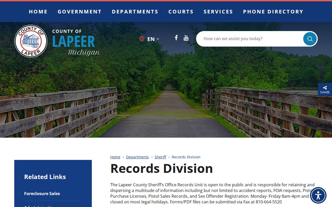 Lapeer County arrest records at the Sheriff Records Division
