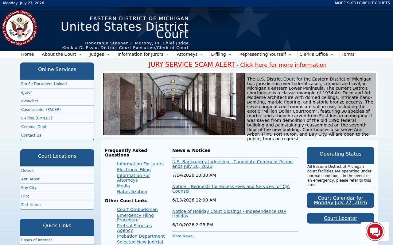 Eastern District of Michigan official court source for federal Brown City matters