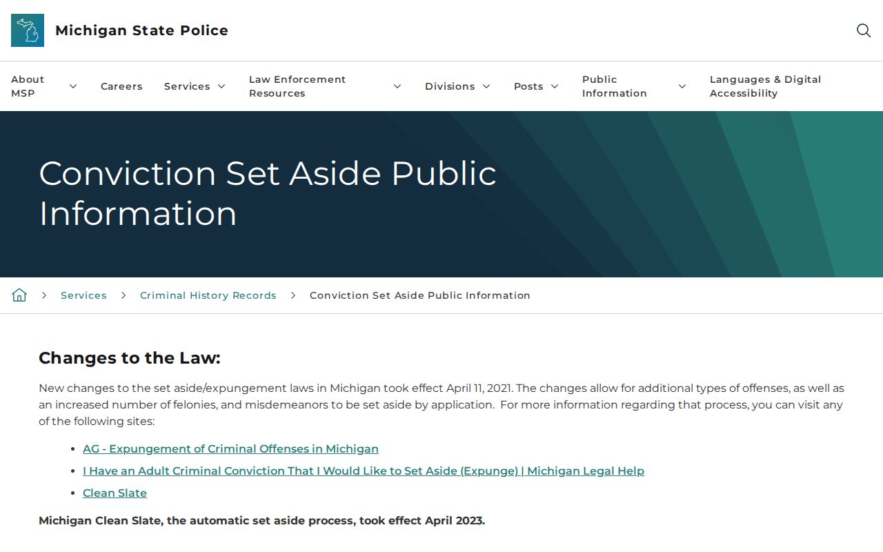 Michigan conviction set-aside information for a Brown City criminal record