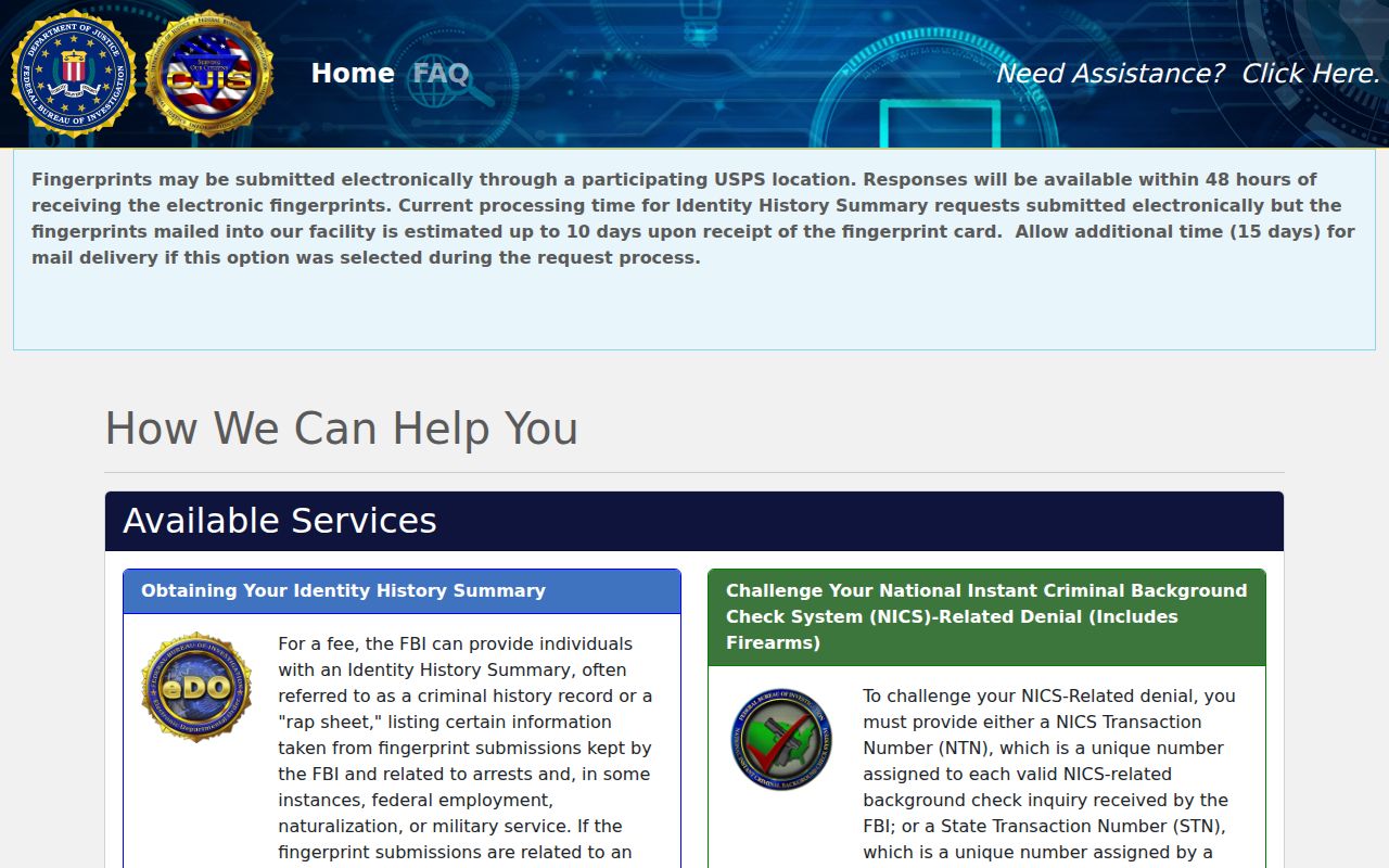 FBI electronic identity history request for personal record review from Imlay City