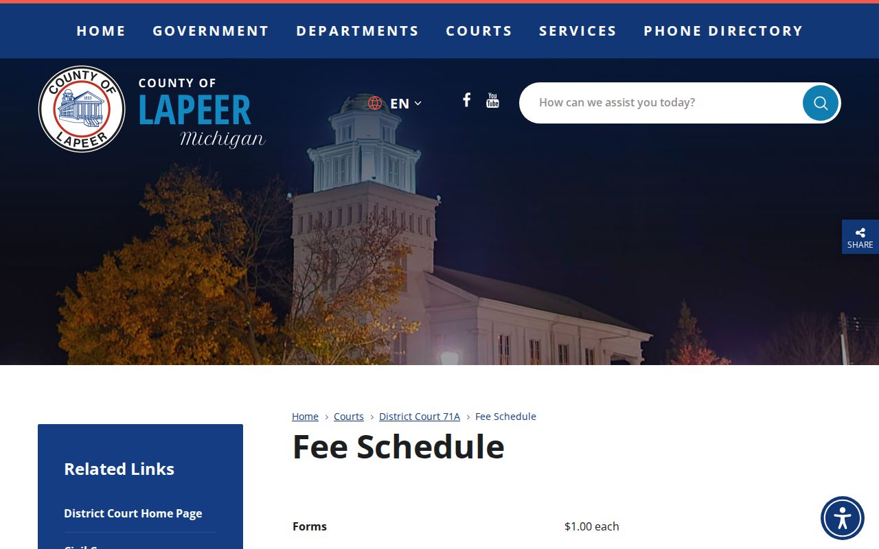 Official 71A District Court fee schedule for Lapeer cases