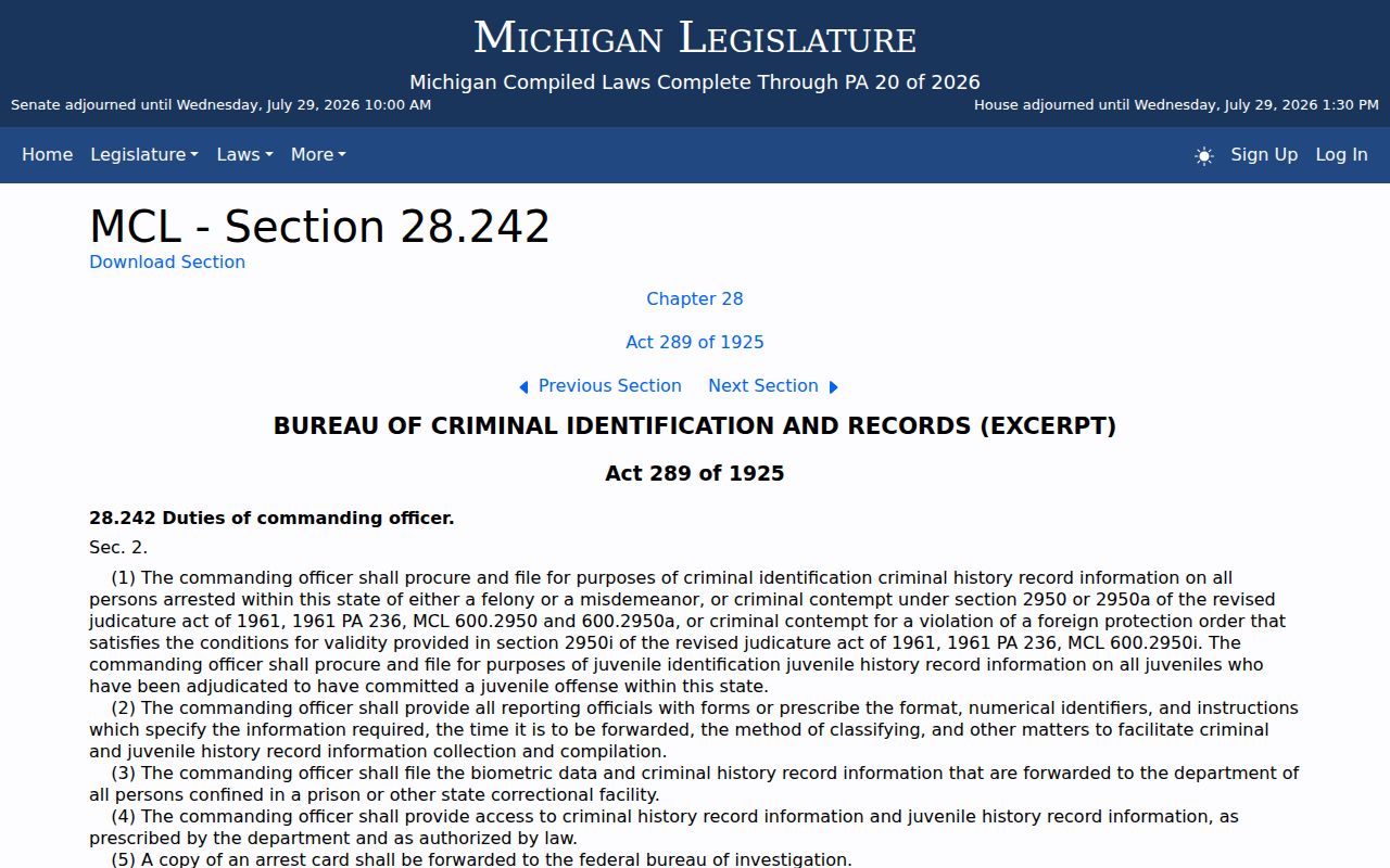 Michigan law governing Lapeer County criminal history reporting