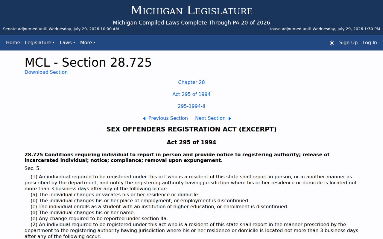Michigan reporting duties for Lapeer County sex offender registration