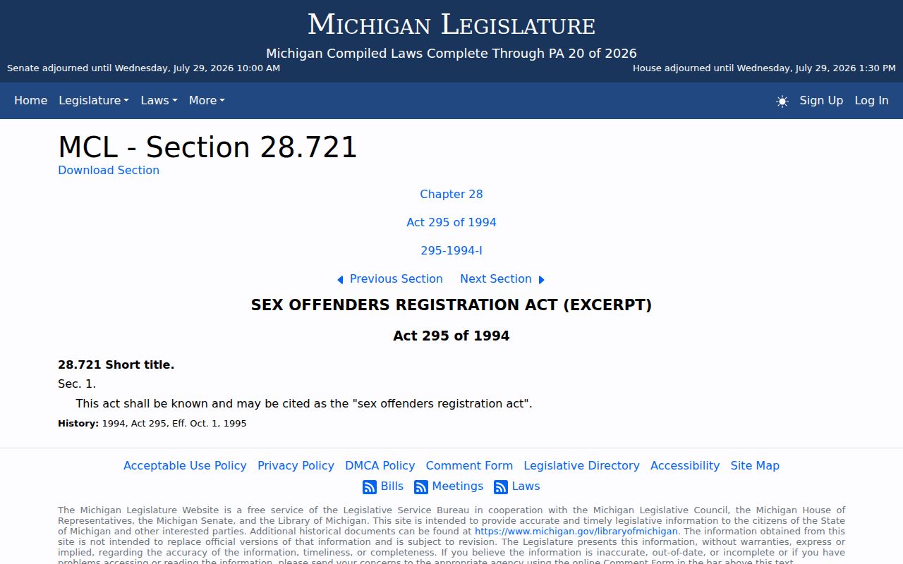 Michigan SORA definitions used in Lapeer County sex offender records